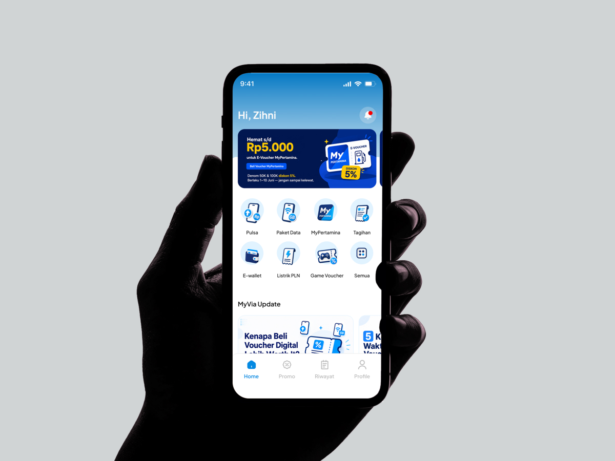 Tampilan aplikasi mobile Via untuk pulsa dan pembayaran tagihan